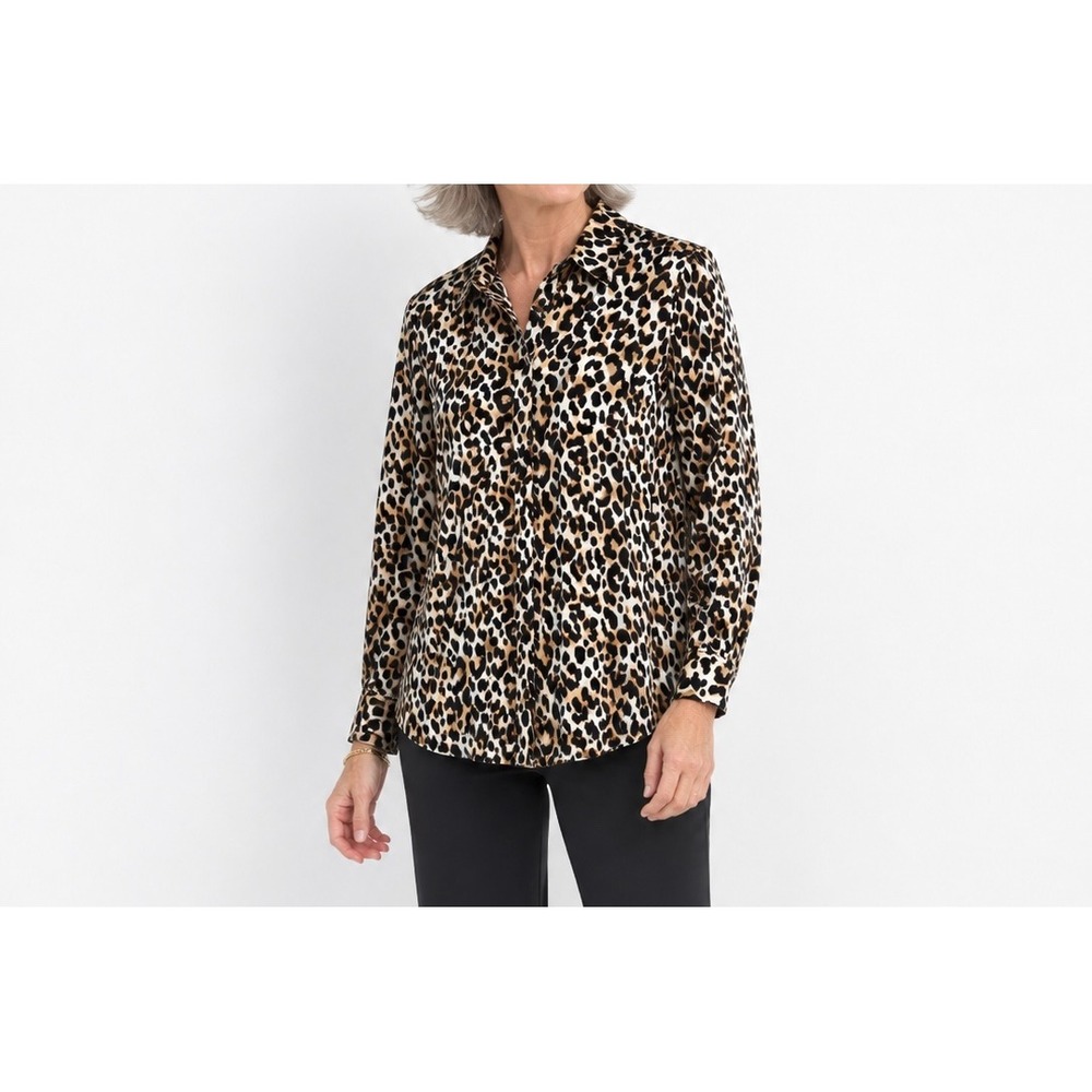 Chico's Leopard Print Modal Button Down Shirt Brown Black Tan Size 2 US 12/14